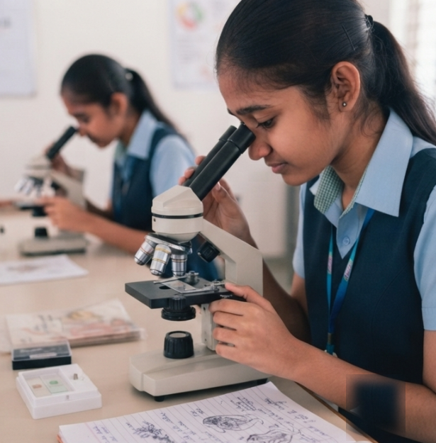 Student examining a specimen under a microscope in the science lab
